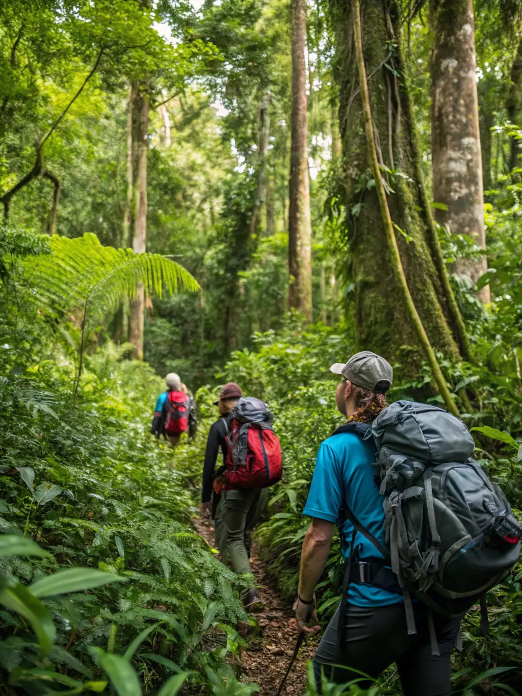 A captivating photo of a group participating in a jungle excursion, led by a local guide, emphasizing the adventure and connection with nature.